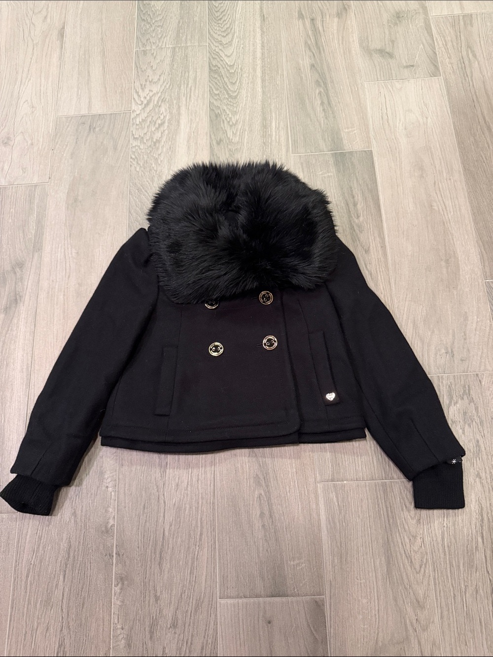 Juicy Couture Girls Black Cropped Faux-Fur Collar Peacoat Jacket Size 6/7